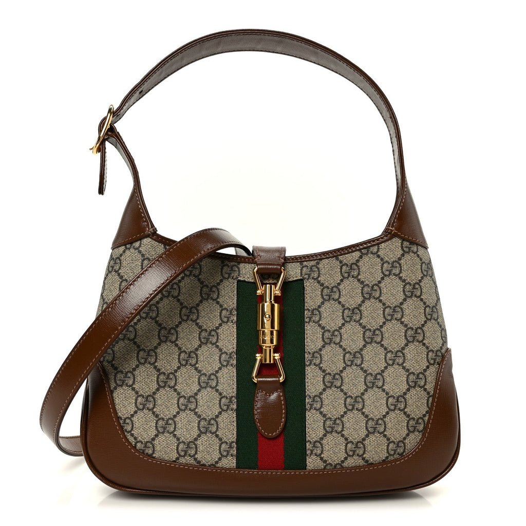 Gucci GG Supreme Monogram Azalea Calfskin Web Small Jackie 1961 Hobo Beige Ebony Brown Sugar