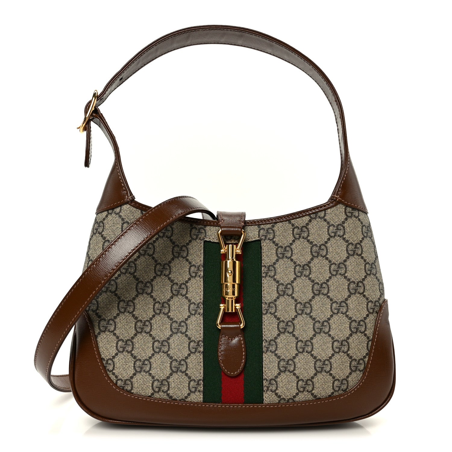 Gucci GG Supreme Monogram Azalea Calfskin Web Small Jackie 1961 Hobo Beige Ebony Brown Sugar