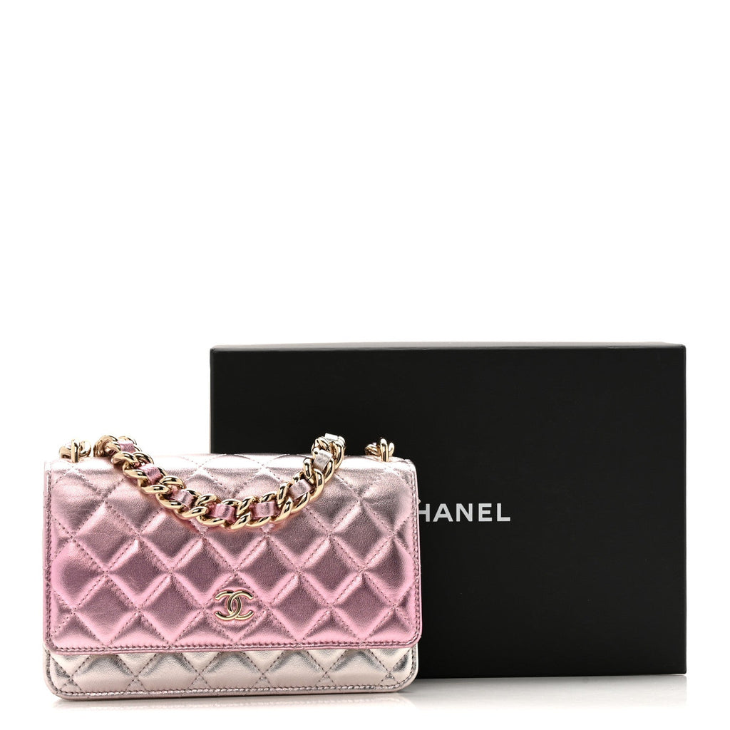 Chanel Gradient Metallic Lambskin Quilted Like A Wallet Wallet On Chain WOC Gold Pink