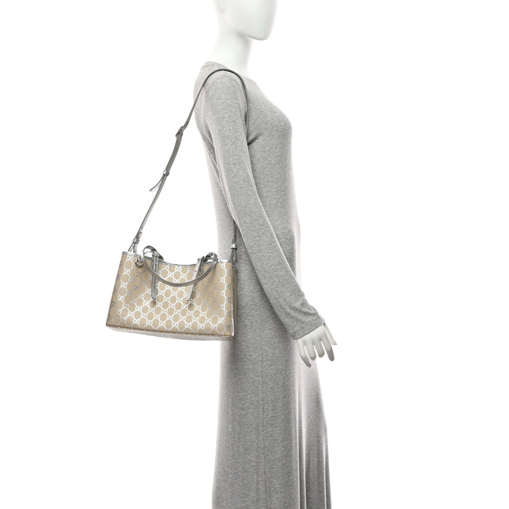 Gucci GG Supreme Monogram Emblem Medium Tote Bag  Beige Silver