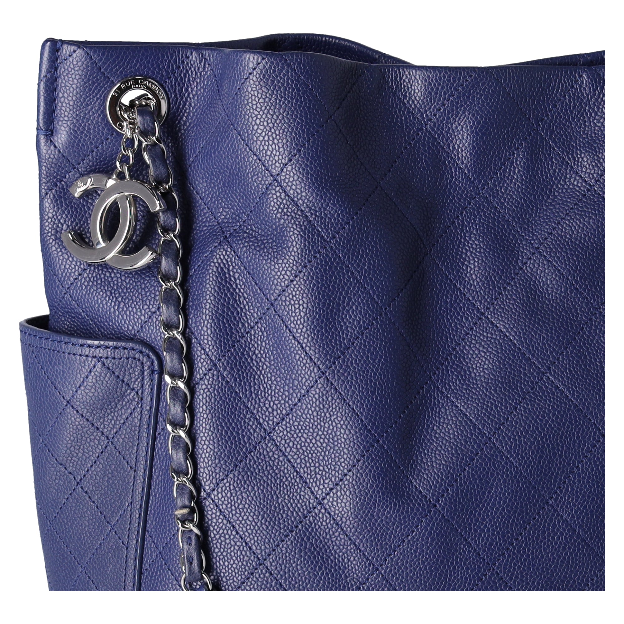 Chanel Grained Calfskin Stitched CC Pocket Tote Blue