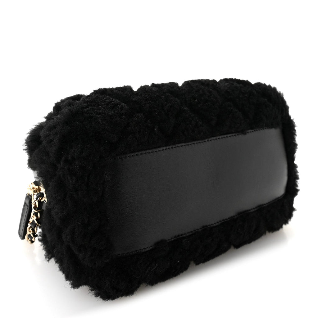 Chanel Shearling Quilted Barrel Clutch With Chain Black