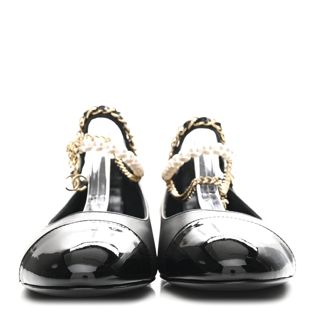 Chanel Shiny Lambskin Pearl Cap Toe Ankle Chain Ballerina Flats 37 Black