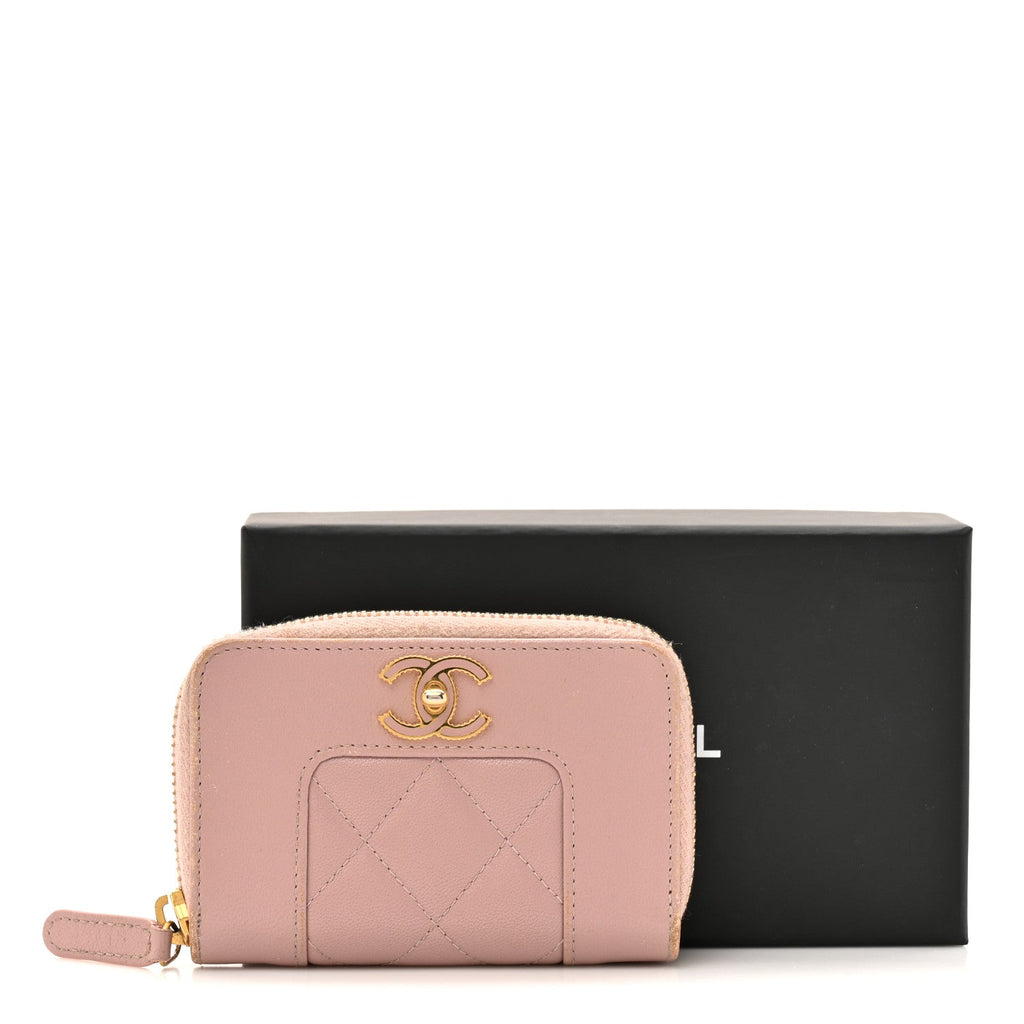 Chanel Sheepskin Quilted Vintage Mademoiselle Zip Coin Purse Pink