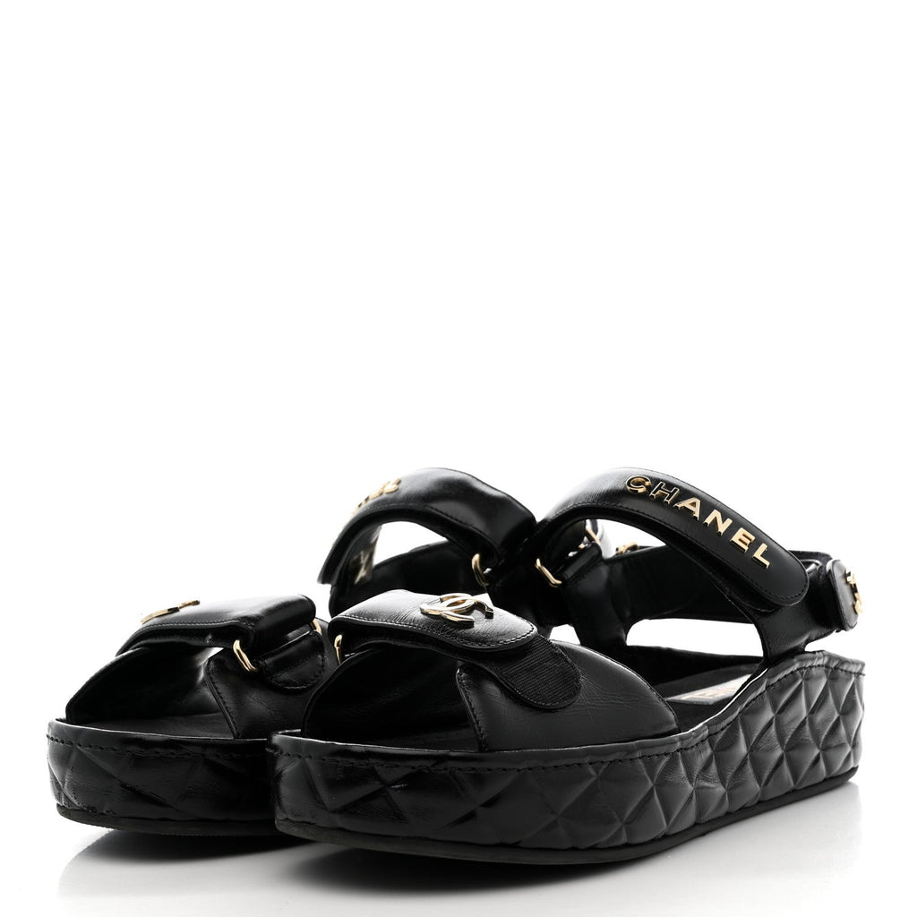 Chanel Shiny Calfskin Logo Platform Sandals 39 Black