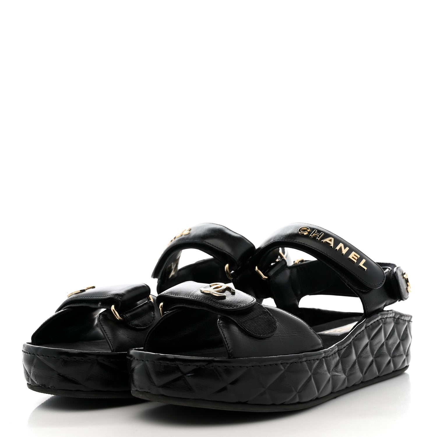 Chanel Shiny Calfskin Logo Platform Sandals 39 Black