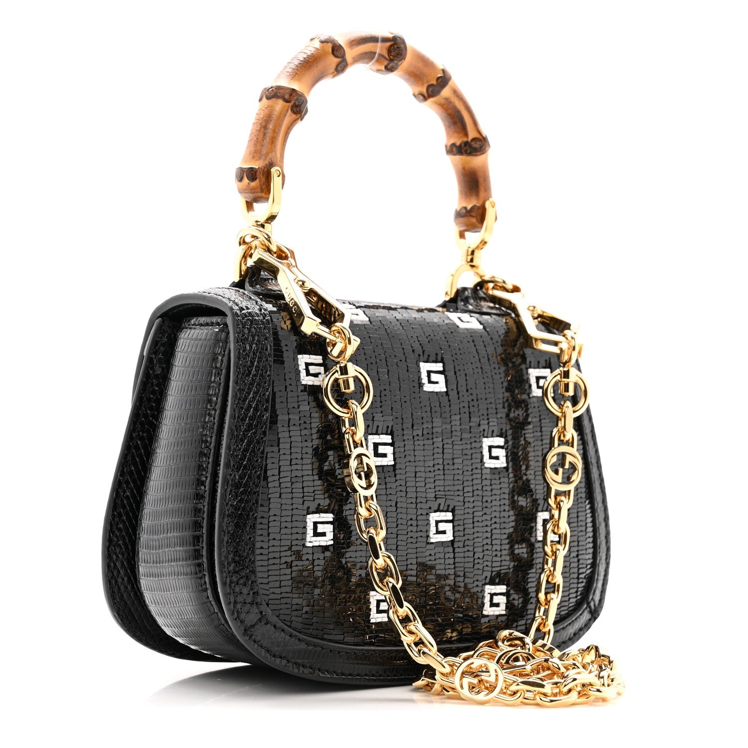 Gucci Sequin Lizard Embossed GG Mini Bamboo 1947 Top Handle Chain Bag Black White