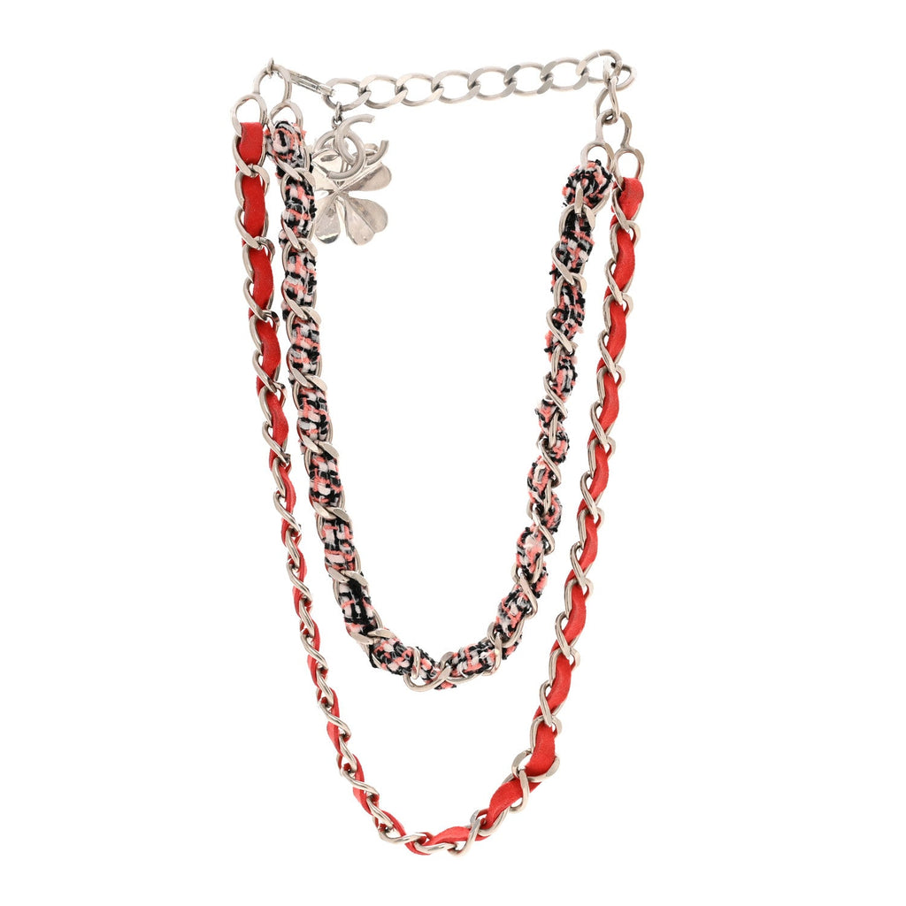 Metal Tweed Suede Chain CC Clover Necklace Silver Pink