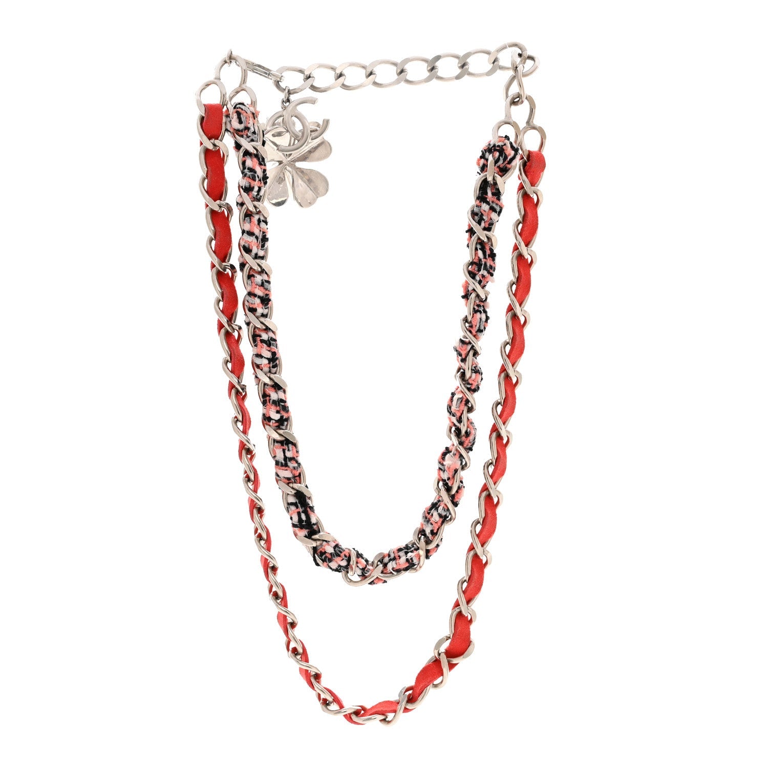 Metal Tweed Suede Chain CC Clover Necklace Silver Pink