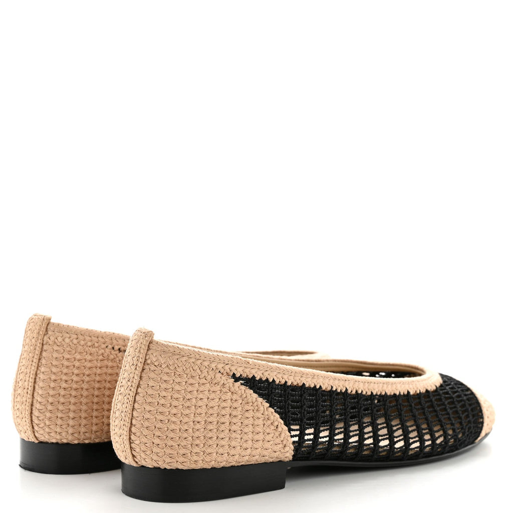 Raffia Cap Toe Ballerina Flats 40 Black Beige
