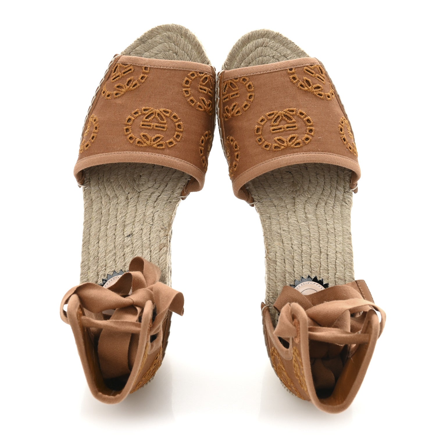 Gucci Canvas Damita GG Eyelet Espadrille Wedge Sandals 37.5 Blondie Cognac