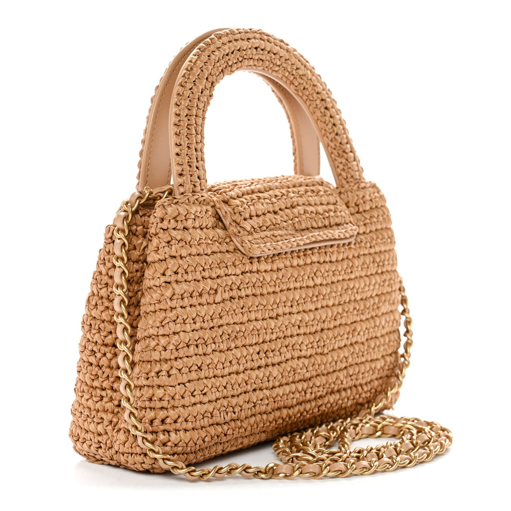 Chanel Braided Raffia Nano Kelly Flap Bag Dark Beige