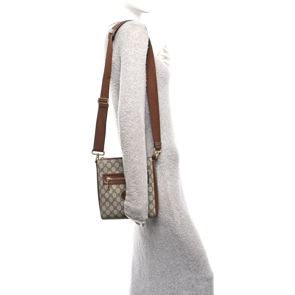 Gucci GG Supreme Monogram Azalea Calfskin Retro Interlocking G Flat Messenger Bag Beige Ebony Brown Sugar