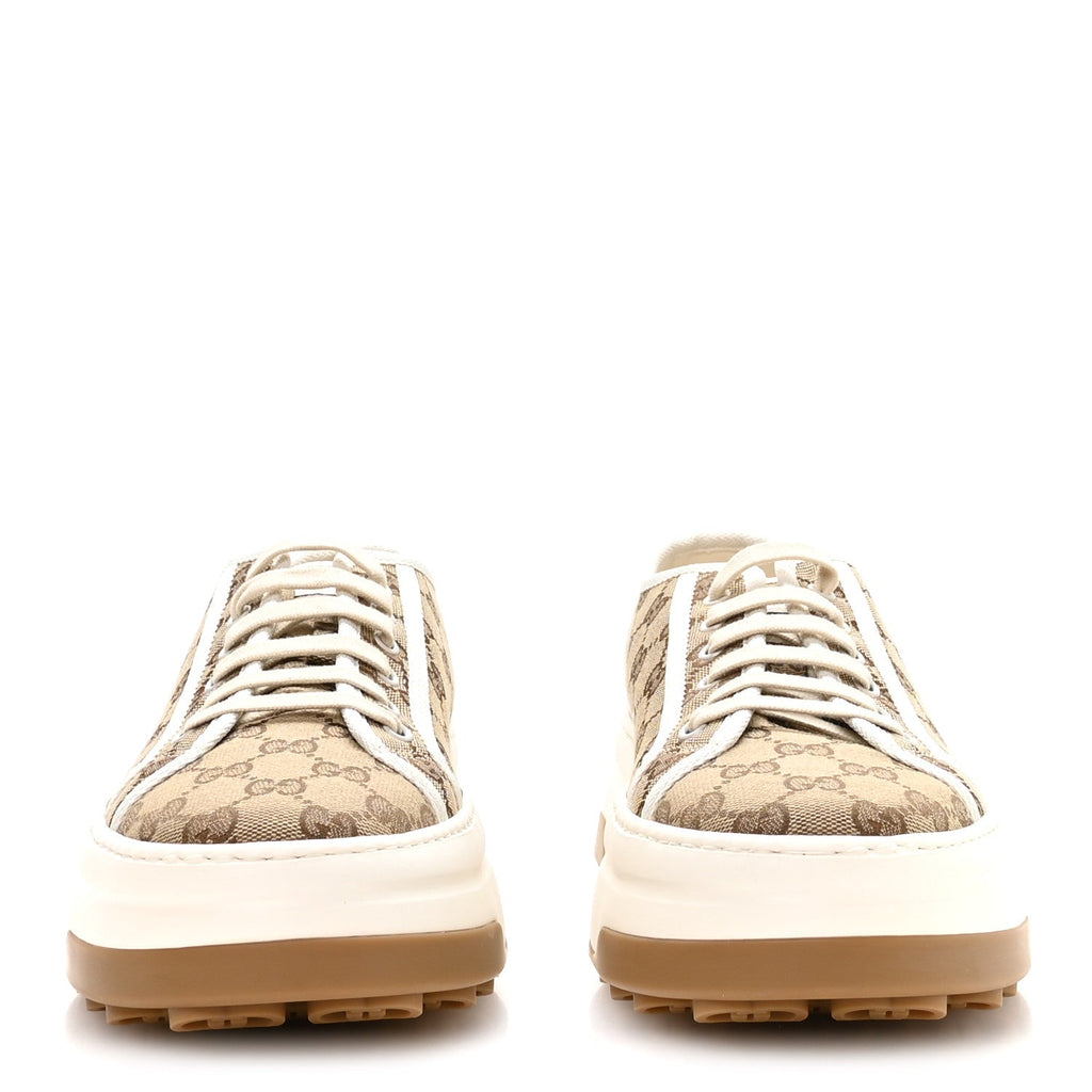 Gucci New Canvas GG Monogram Mens Tennis 1977 55mm Platform Sneakers 11 Beige Ebony Mystic White