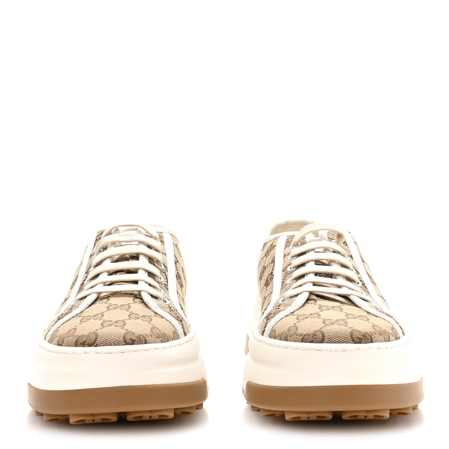 Gucci New Canvas GG Monogram Mens Tennis 1977 55mm Platform Sneakers 11 Beige Ebony Mystic White