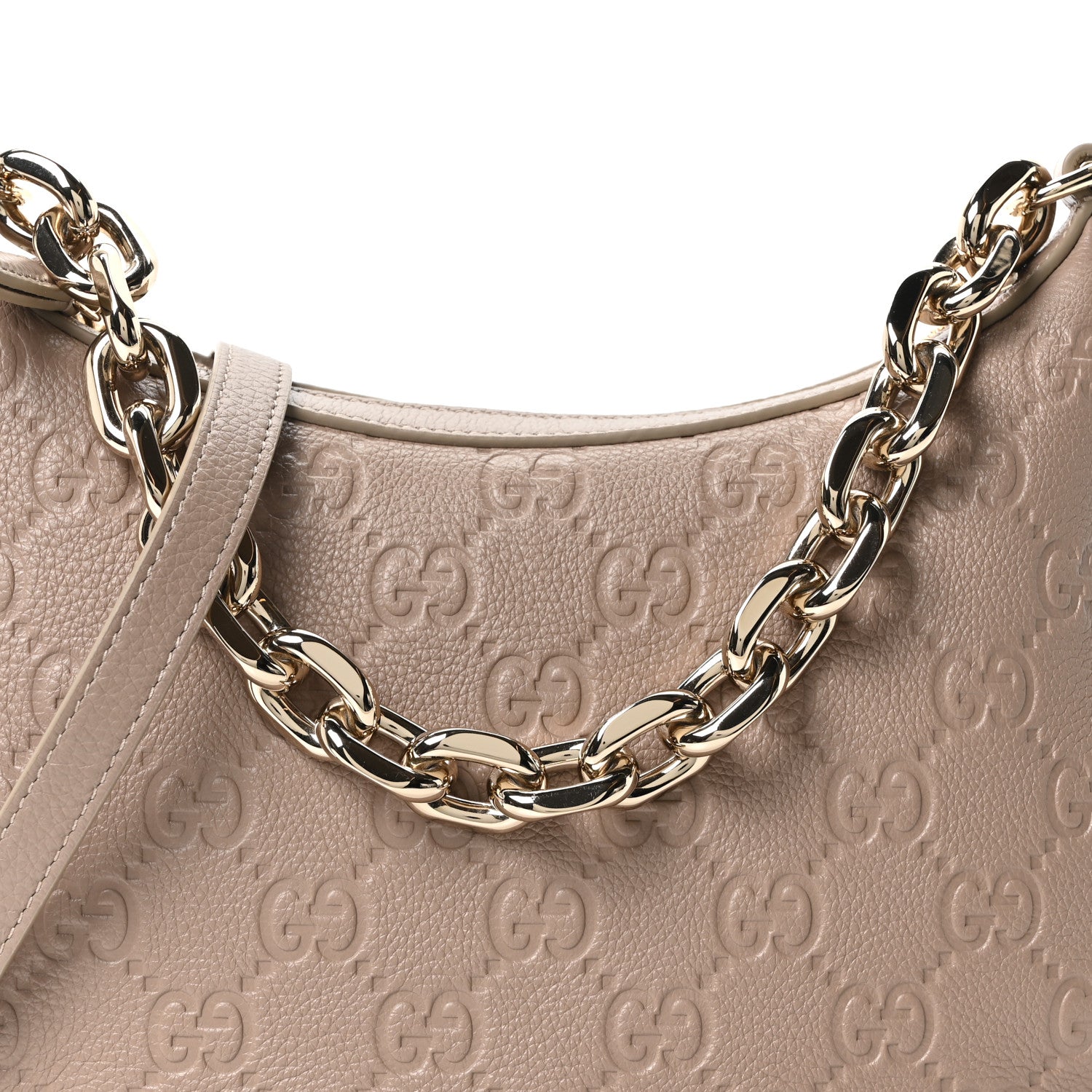 Gucci GG Grainy Calfskin Emblem Medium Half Moon Shoulder Bag Taupe