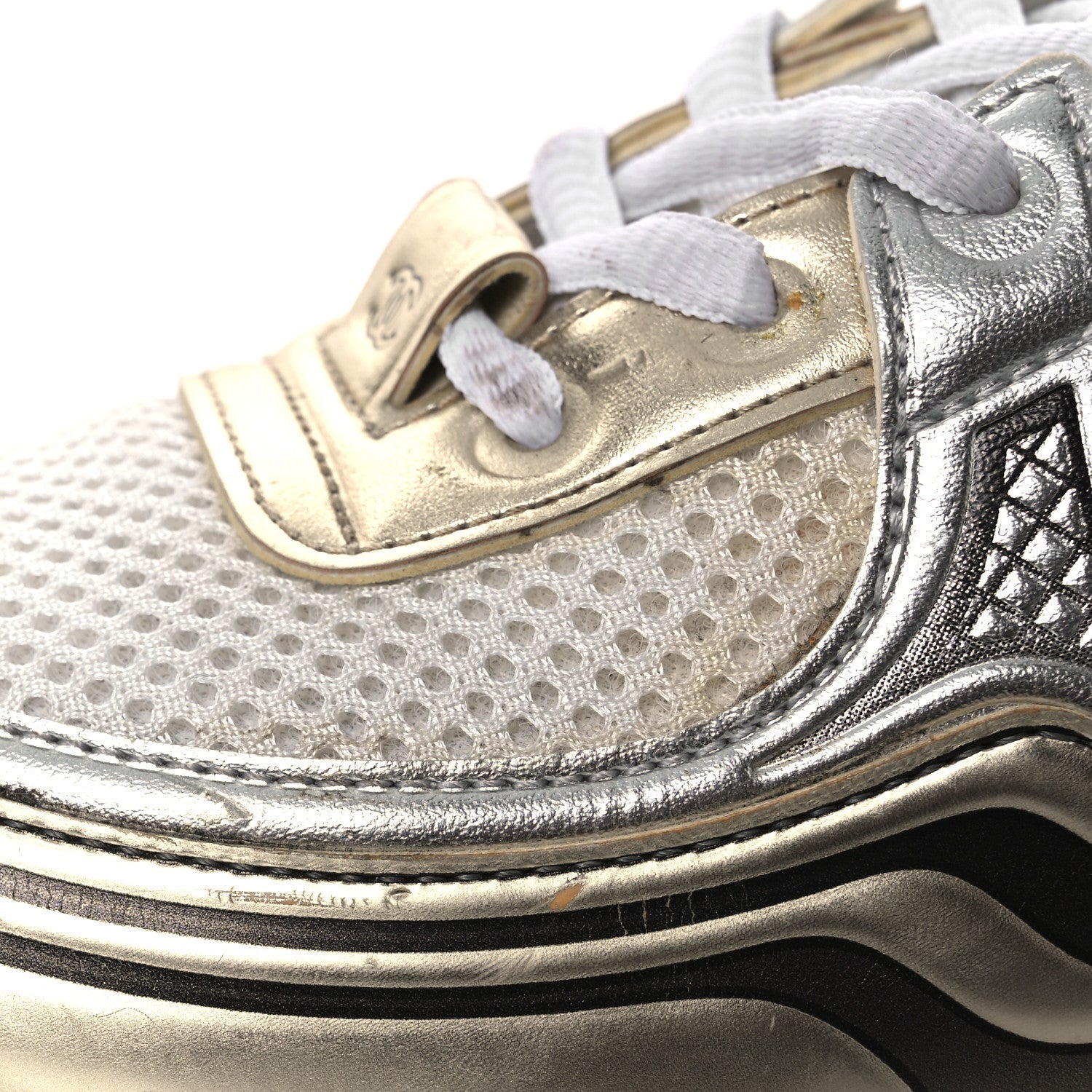 Fabric Laminated Calfskin Stretch CC Sneakers 37 White Gold Silver