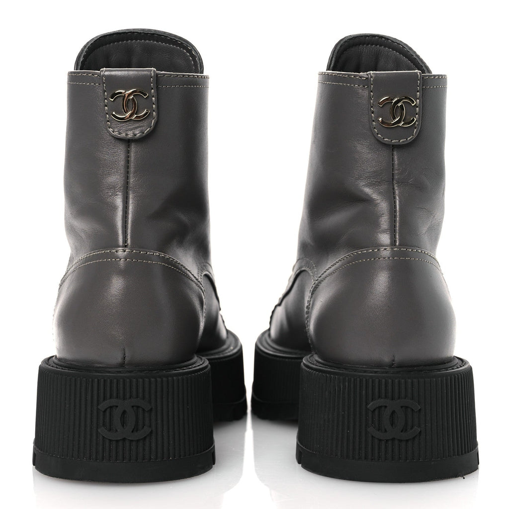 Calfskin Patent Calfskin CC Lace Up Combat Boots 36.5 Gray Black