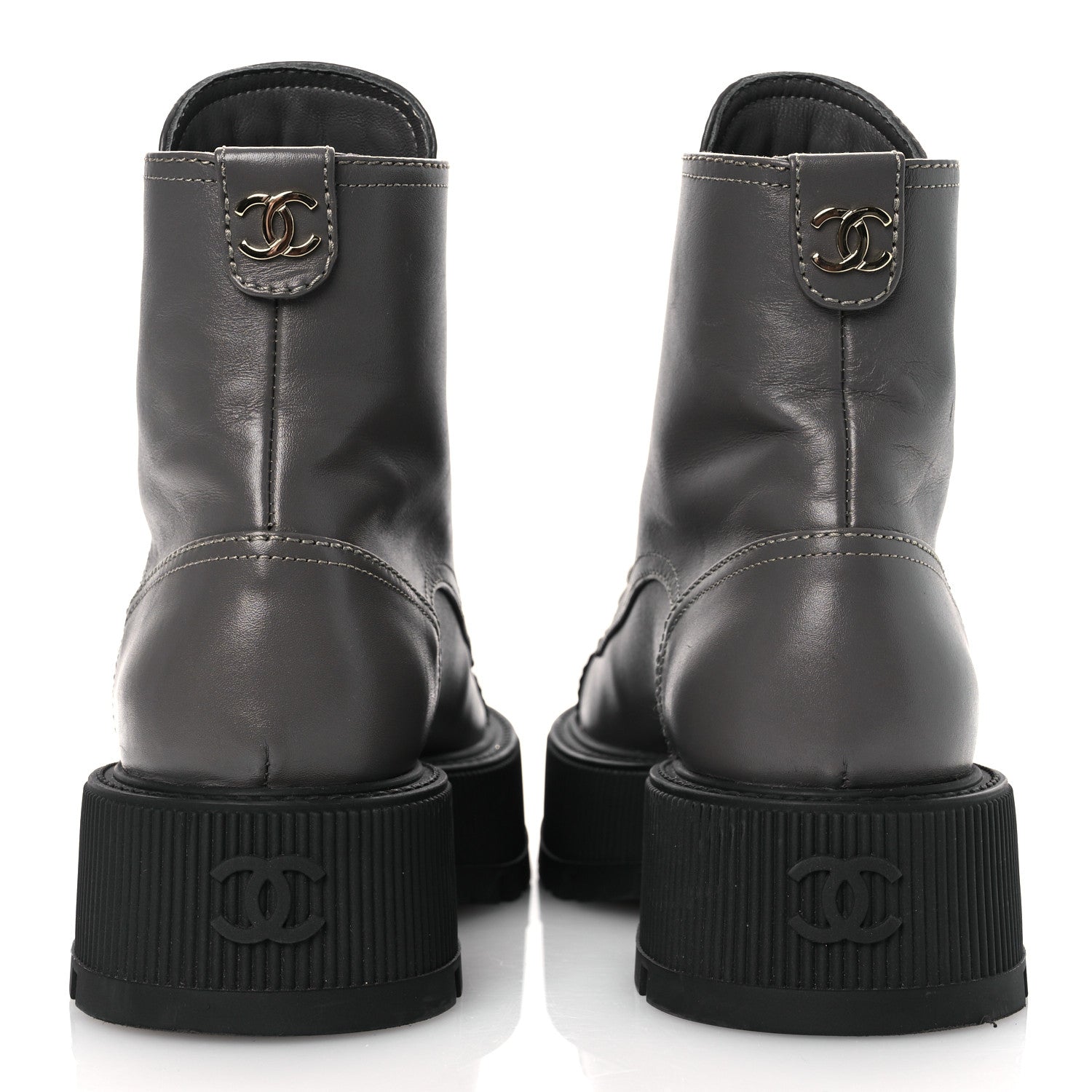 Calfskin Patent Calfskin CC Lace Up Combat Boots 36.5 Gray Black