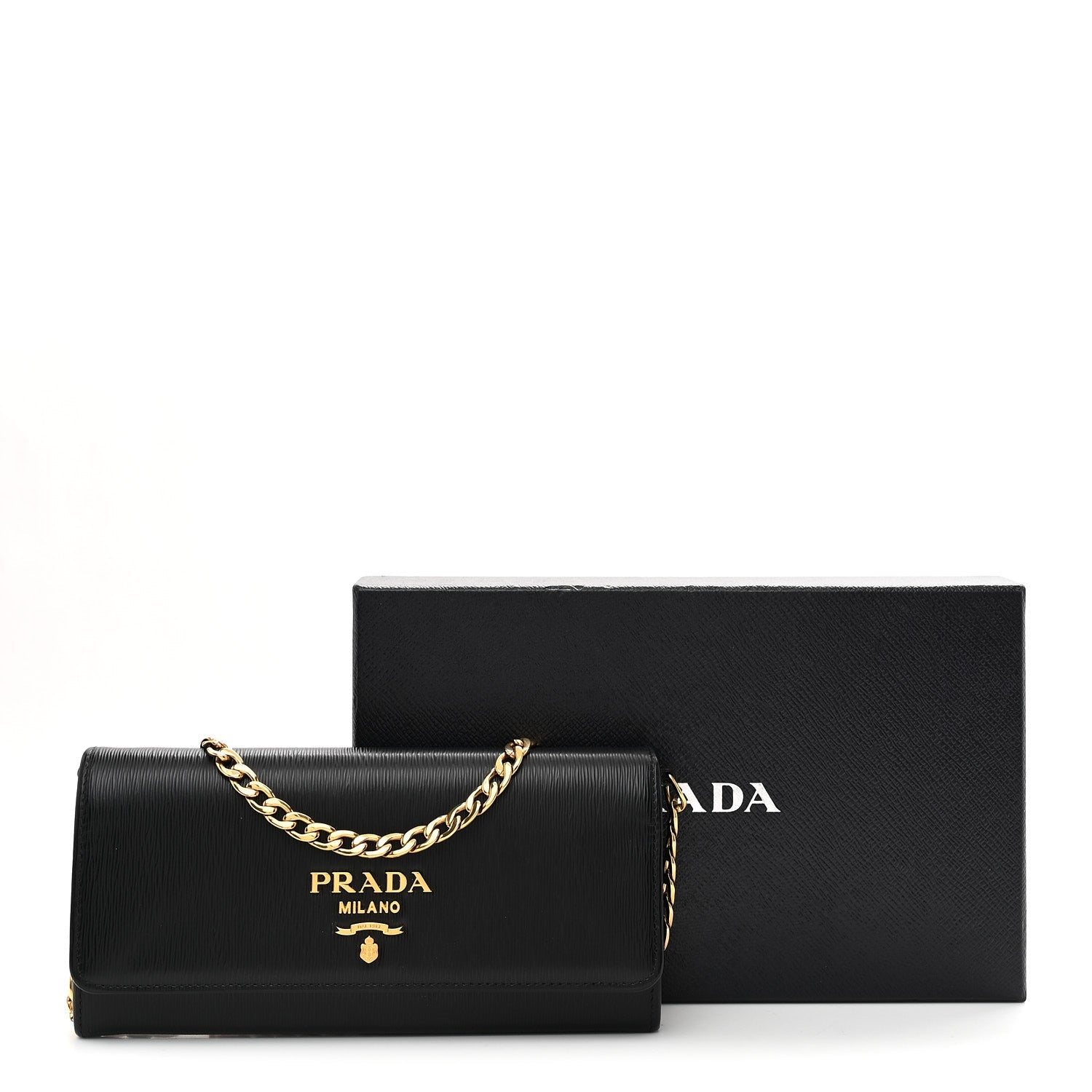 Prada Vitello Move Metal Oro Chain Wallet Black