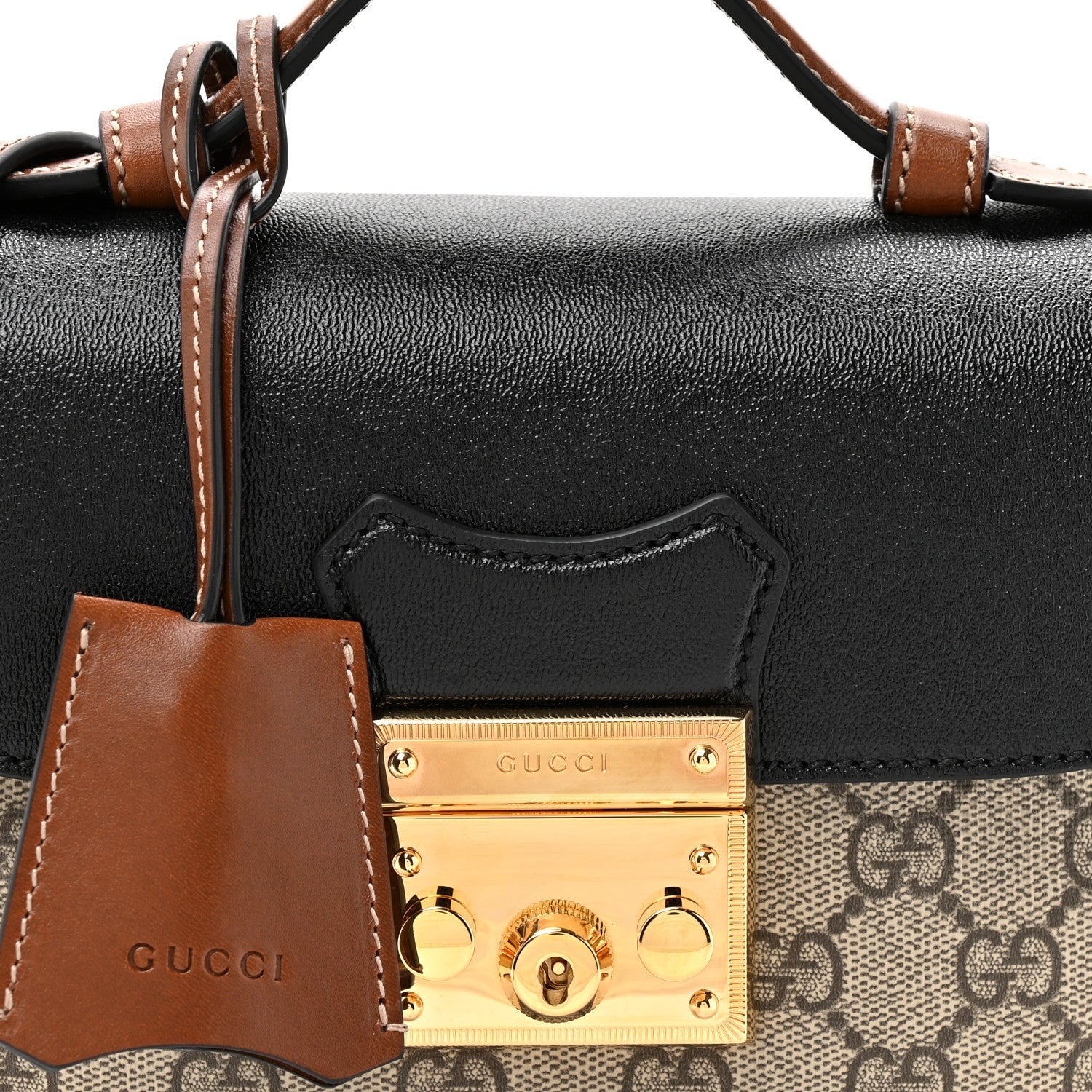 Gucci GG Supreme Monogram New Sakai Lux Calfskin Mini Padlock Flap Pocket Shoulder Bag Beige Ebony Black Cuir