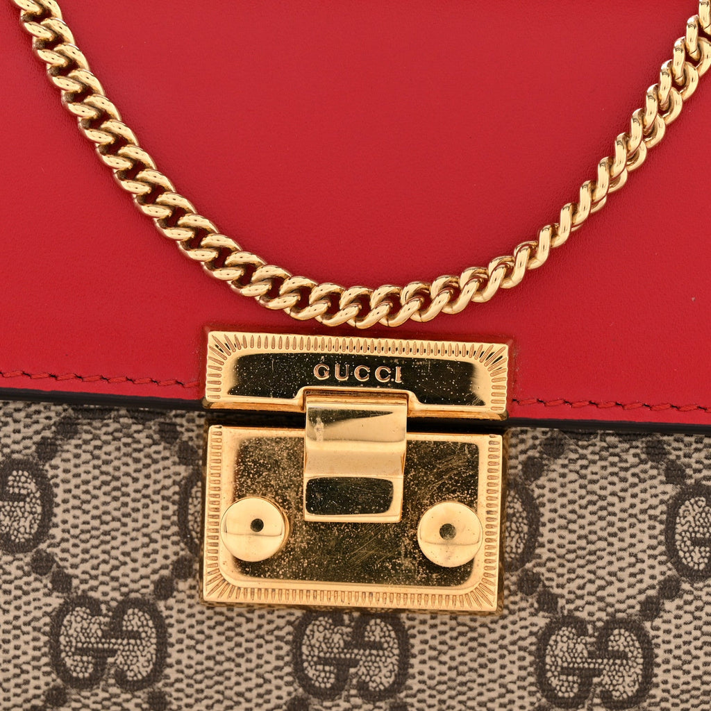 Gucci GG Supreme Monogram Moon Calfskin Padlock Continental Chain Wallet Beige Ebony Hibiscus Red New Rosette