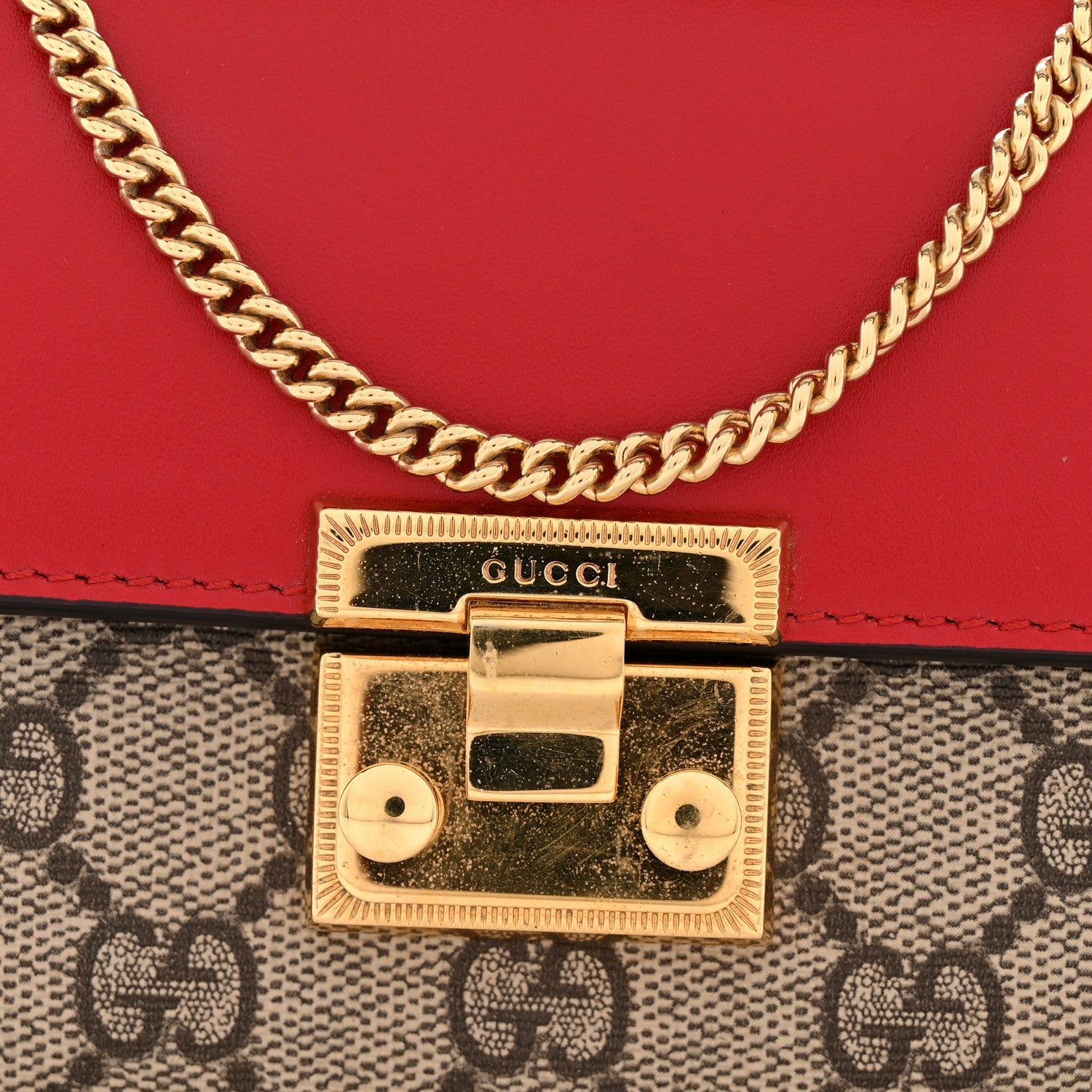 Gucci GG Supreme Monogram Moon Calfskin Padlock Continental Chain Wallet Beige Ebony Hibiscus Red New Rosette
