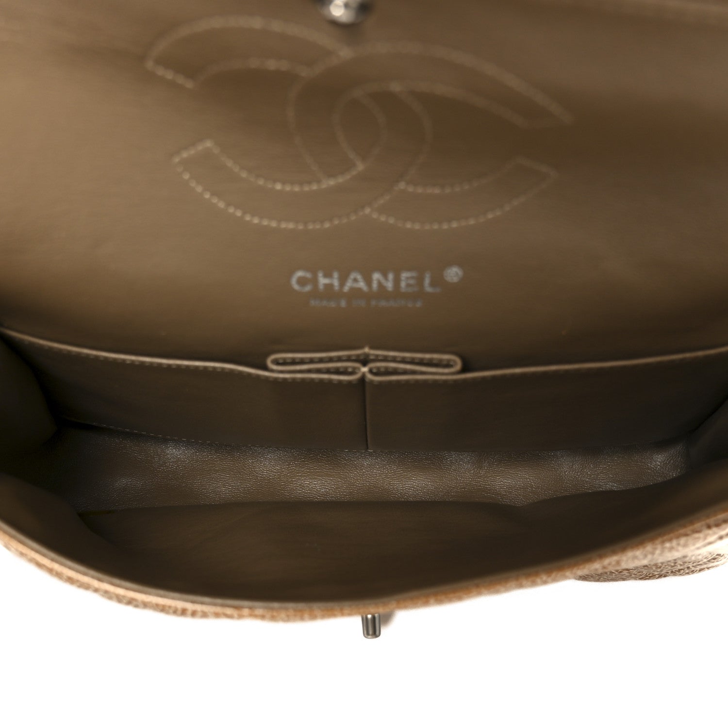 Chanel Crinkled Patent Quilted Medium Double Flap Beige