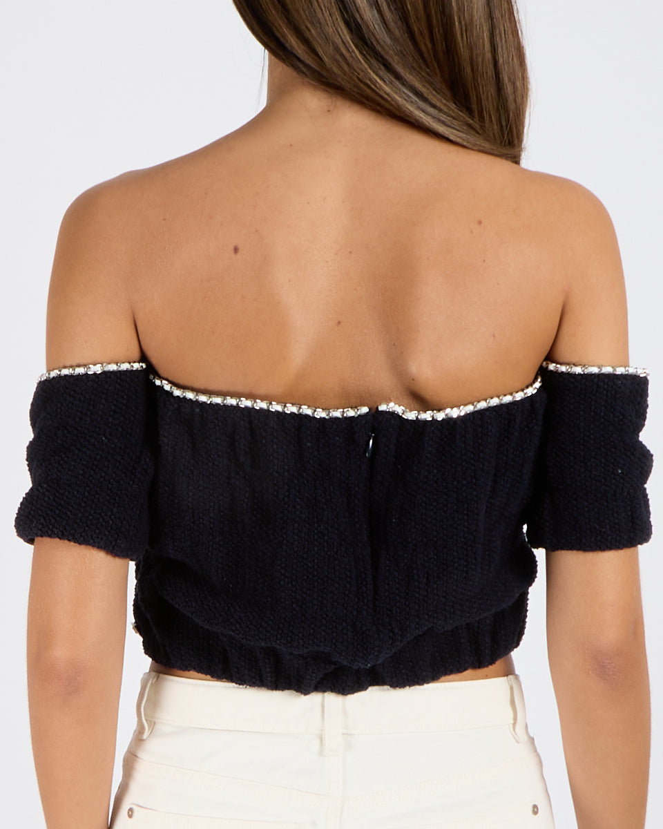 Chanel Cruise 2021 Navy Knit Short-Sleeved Crop Top with Silver and White Leather Chain Trims and Silver CC Logo Button Detail Size FR 38 (UK 10)