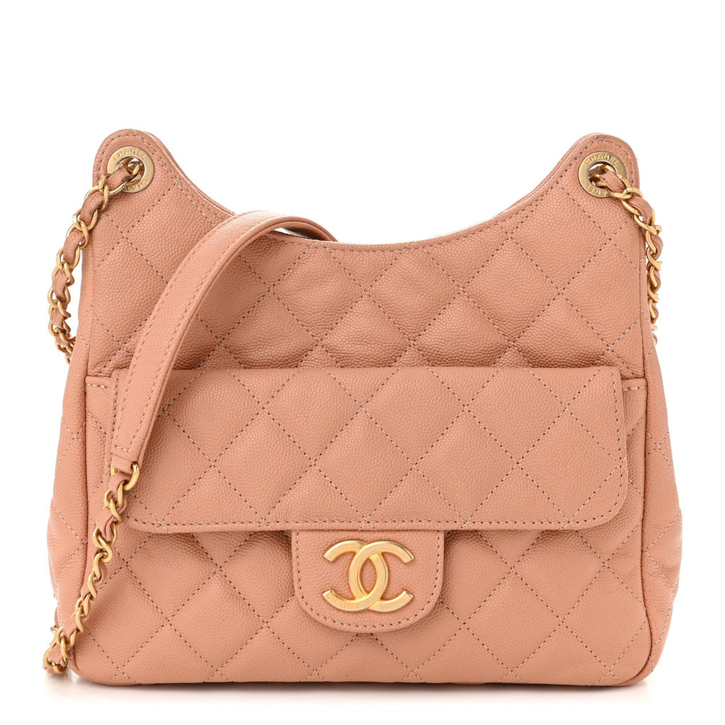 Chanel Caviar Quilted Wavy CC Hobo Beige