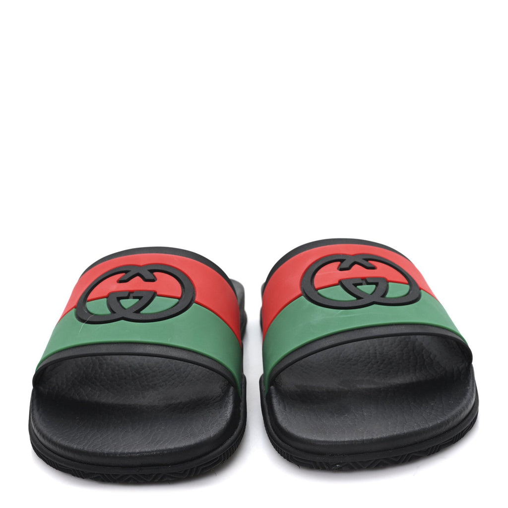 Gucci Rubber Web Womens Interlocking G Slide Sandals 40 Black Green Red