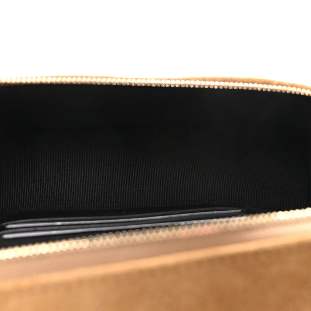 Chanel Suede Calfskin Shiny Lambskin Quilted Top Handle Slim Vanity Case With Chain Beige Black