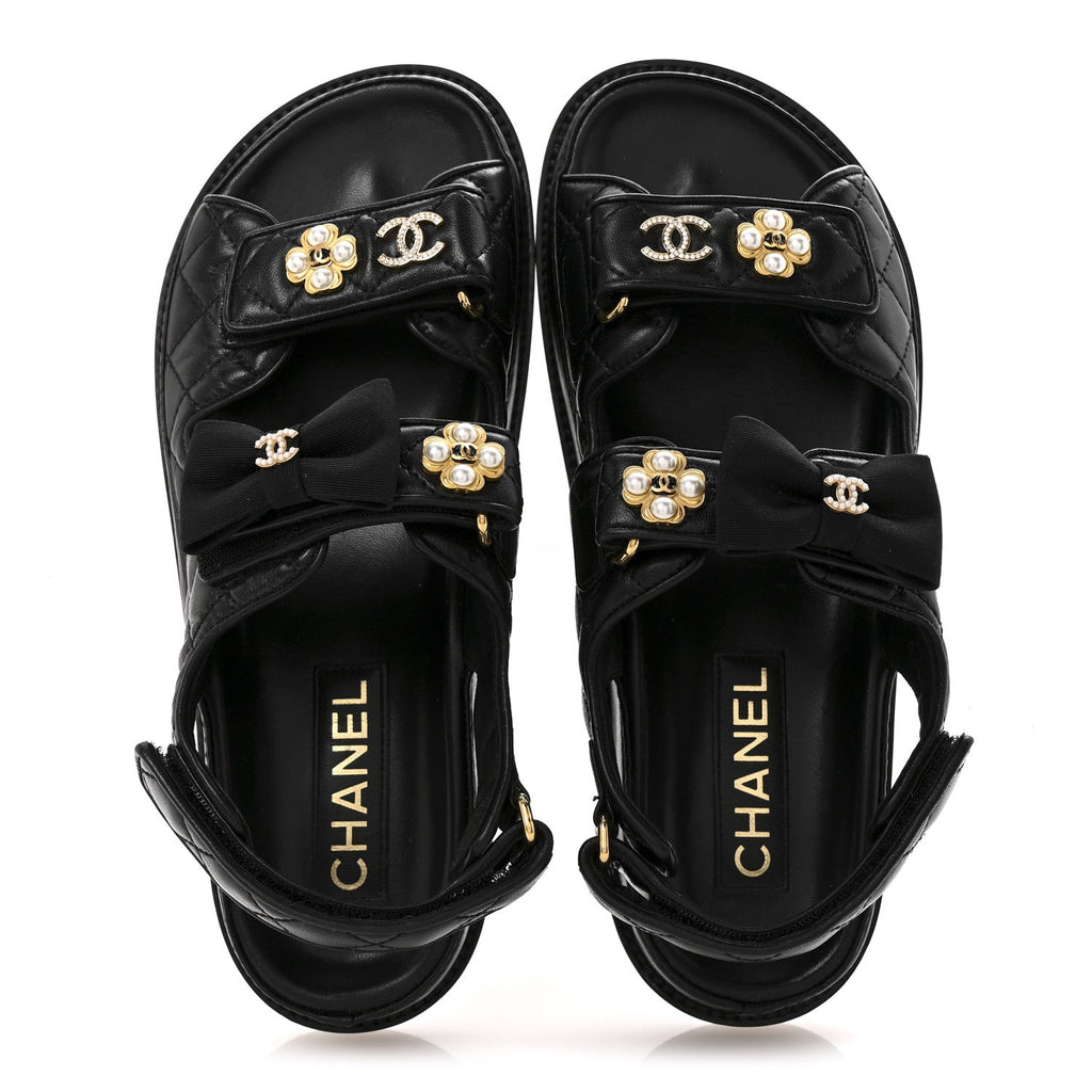 Lambskin Velcro CC Pearl Bow Dad Sandals 38 Black