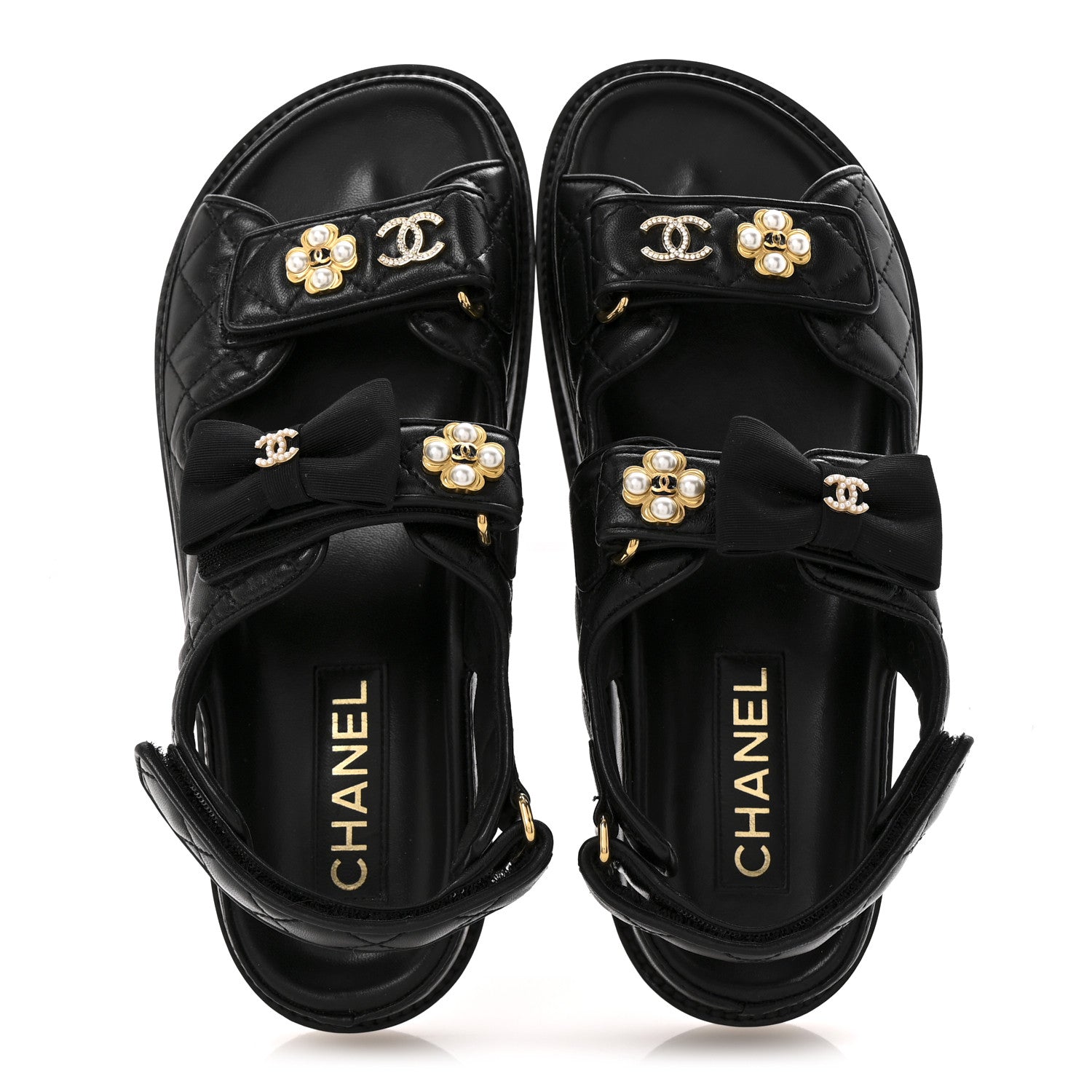 Lambskin Velcro CC Pearl Bow Dad Sandals 38 Black