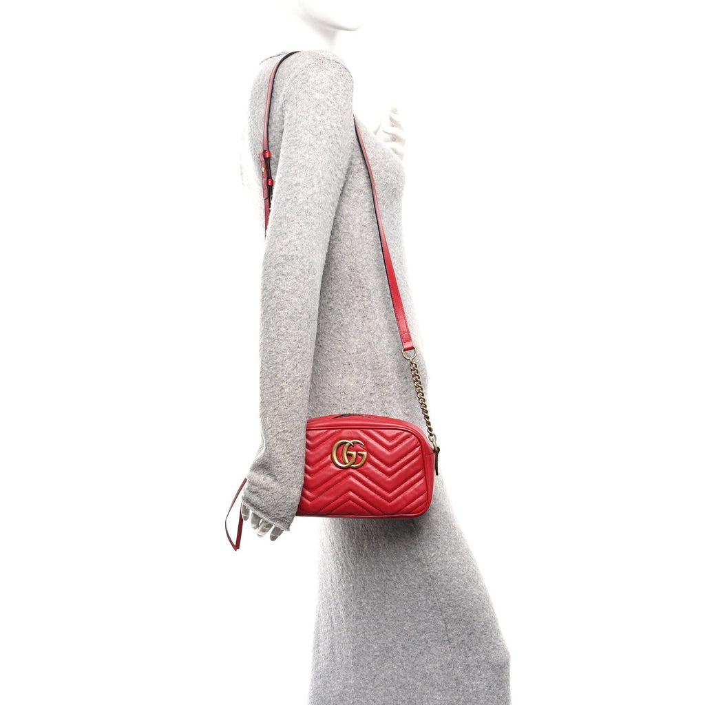 Gucci Calfskin Matelasse Small GG Marmont Chain Shoulder Bag Hibiscus Red