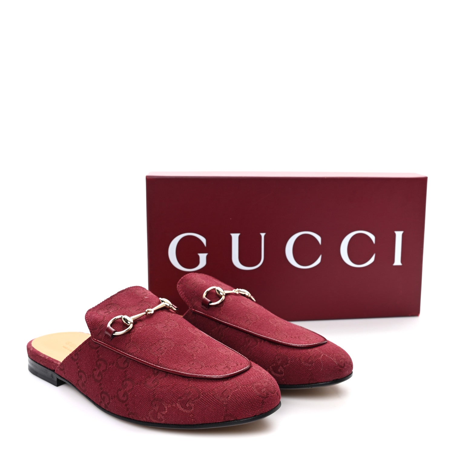 Gucci New Canvas GG Monogram Malaga Kid Womens Princetown Slippers 40 Rosso Ancora