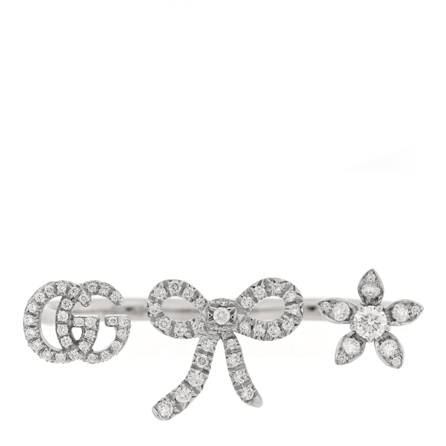 Gucci 18K White Gold Diamond Flora Bow Flower Ring M
