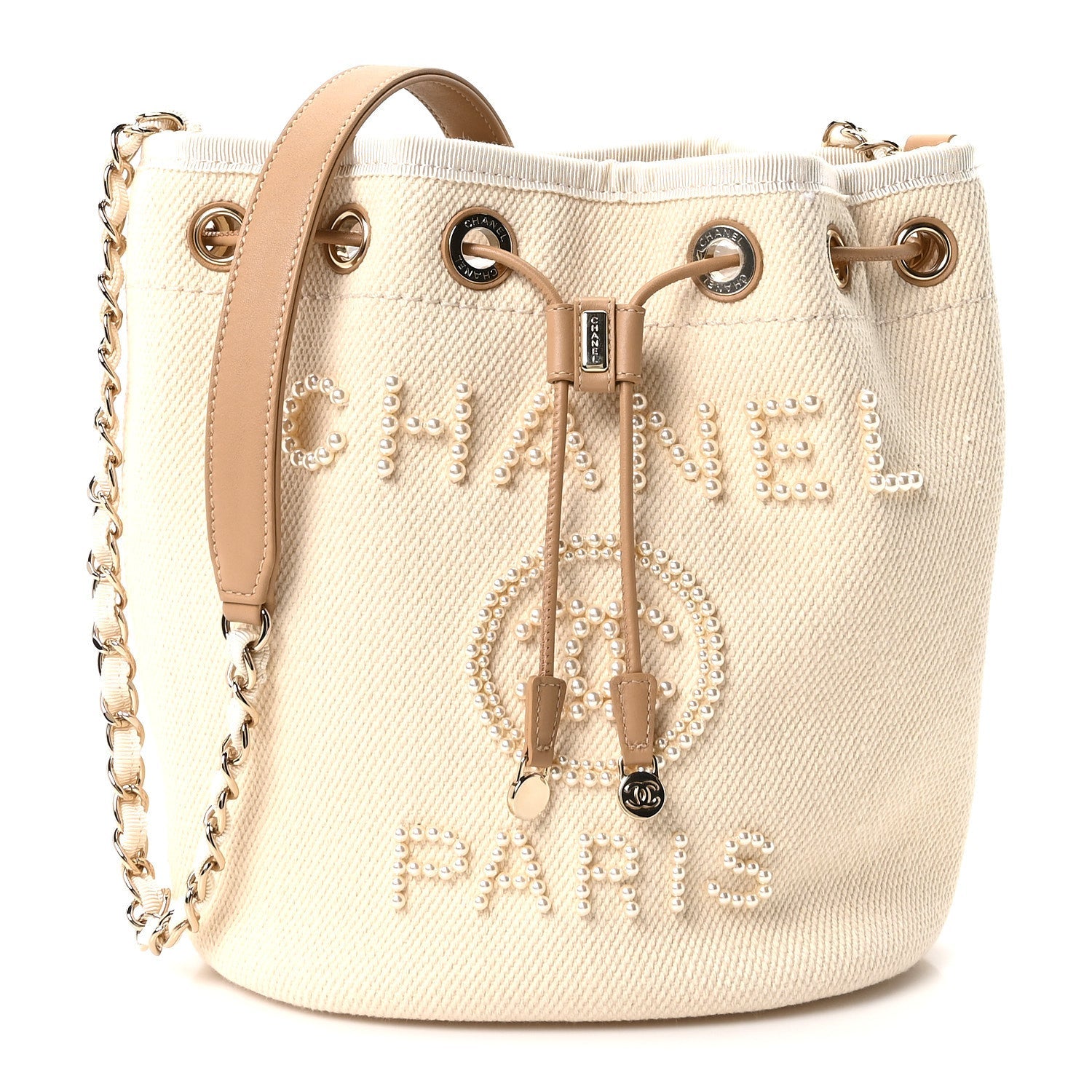Chanel Canvas Pearl Deauville Drawstring Bucket Bag Ecru Beige