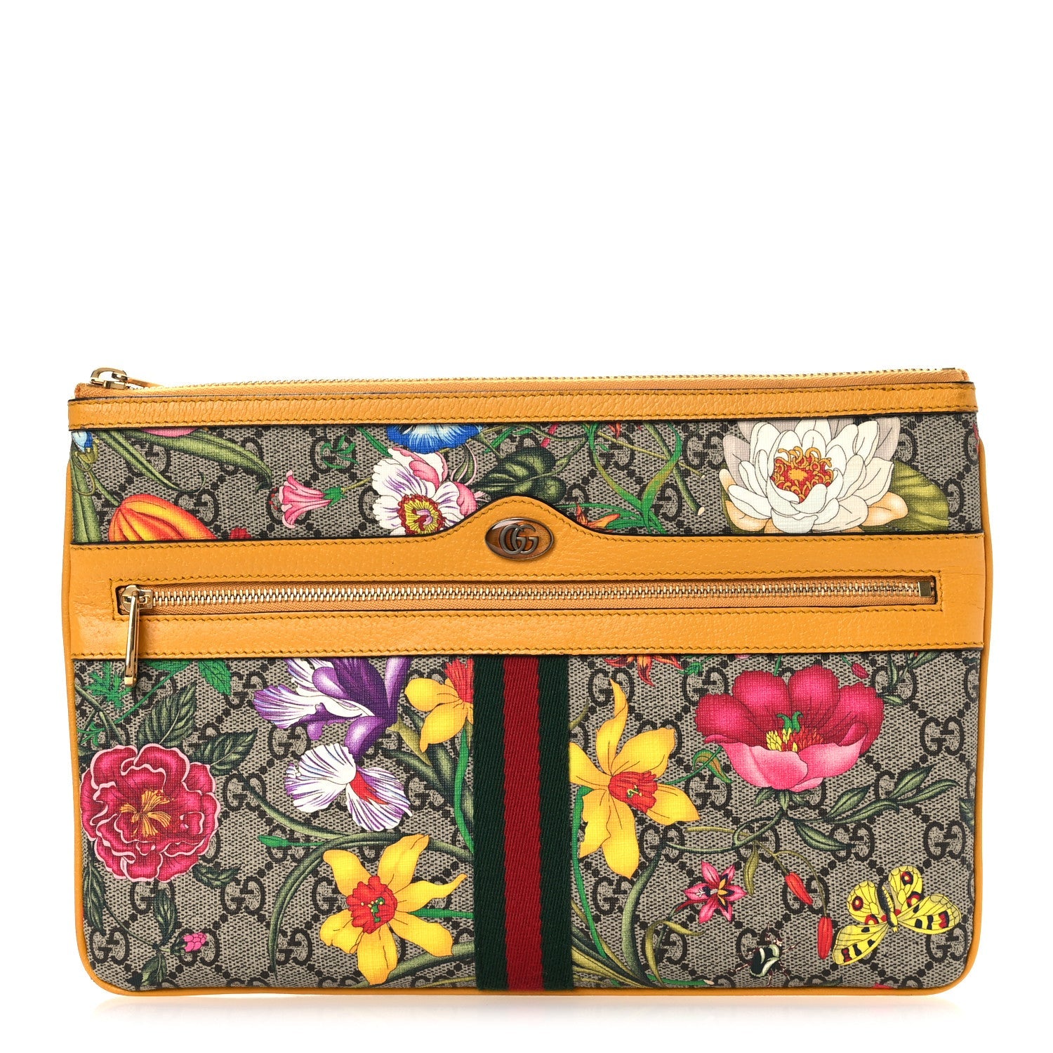 Gucci GG Supreme Monogram Flora Large Ophidia Pouch Clutch Beige Multicolor Crop