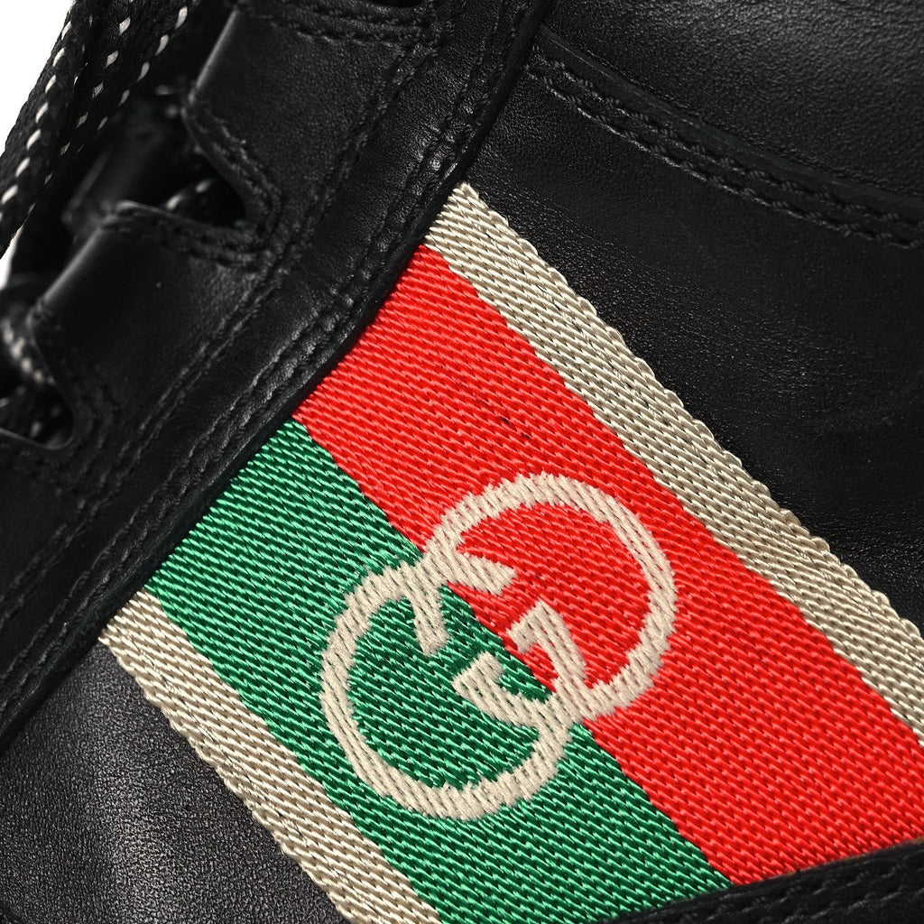 Gucci Quebec Calfskin Web Womens Interlocking G Lace Up Combat Boots 38 Black Mystic White Green Red