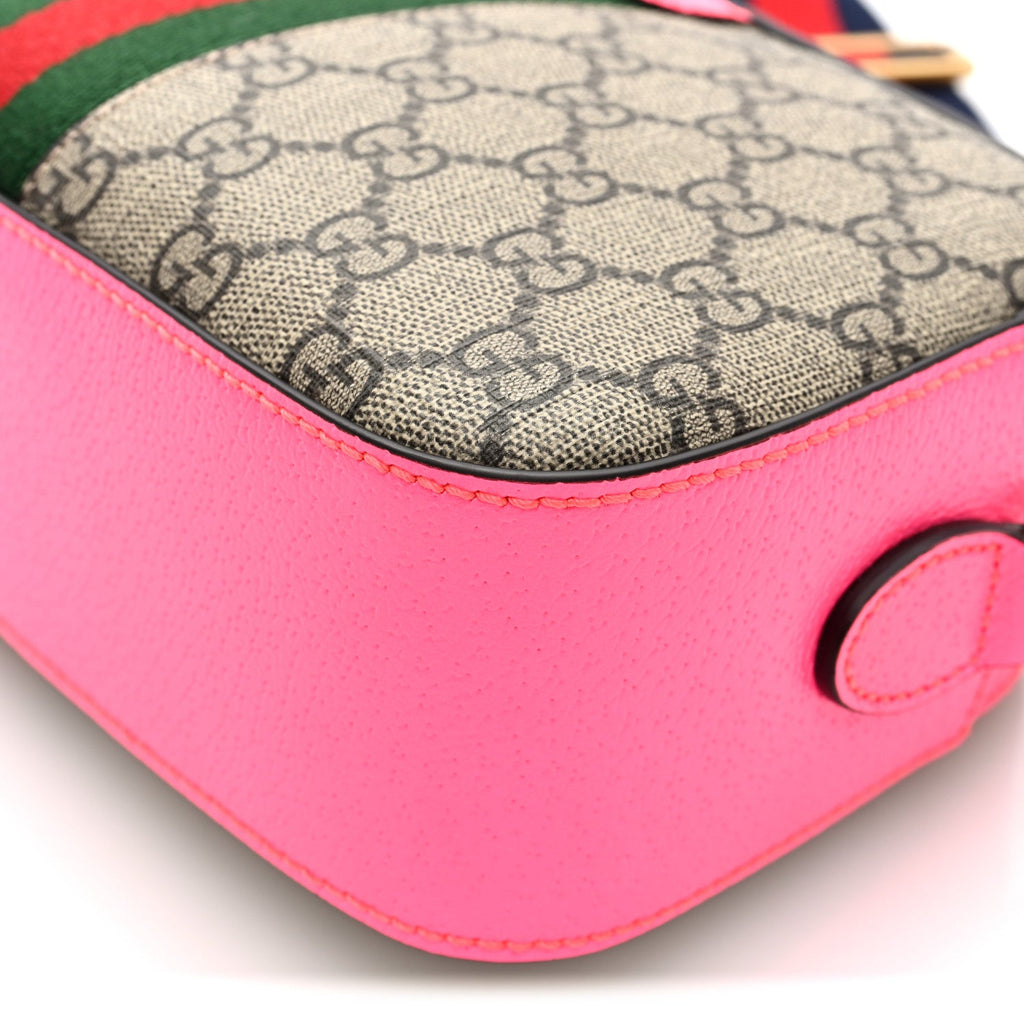 Gucci GG Supreme Monogram Textured Dollar Calfskin Web Ophidia Small Crossbody Bag Beige Ebony Fuchsia