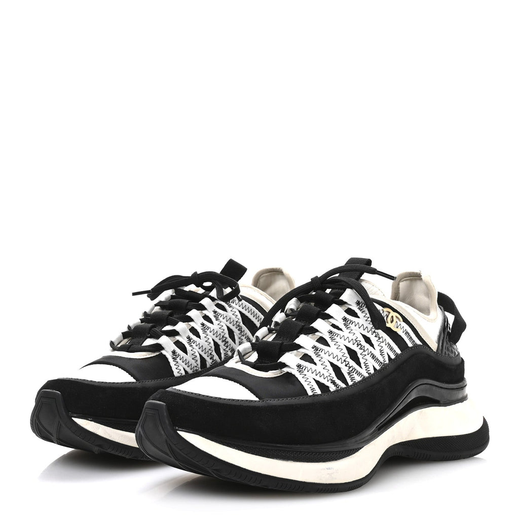 Fabric Suede Calfskin Sneakers 41 Black Beige White