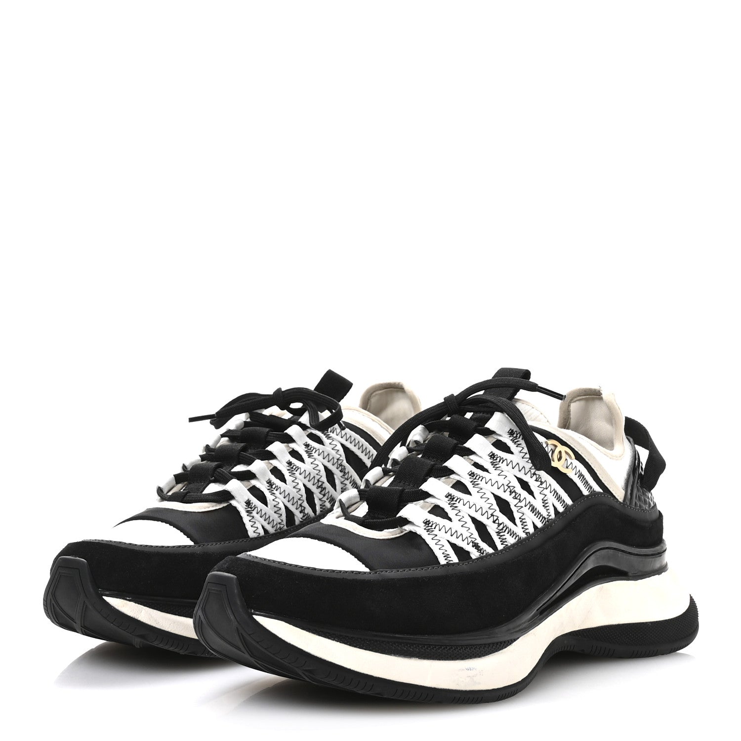 Fabric Suede Calfskin Sneakers 41 Black Beige White