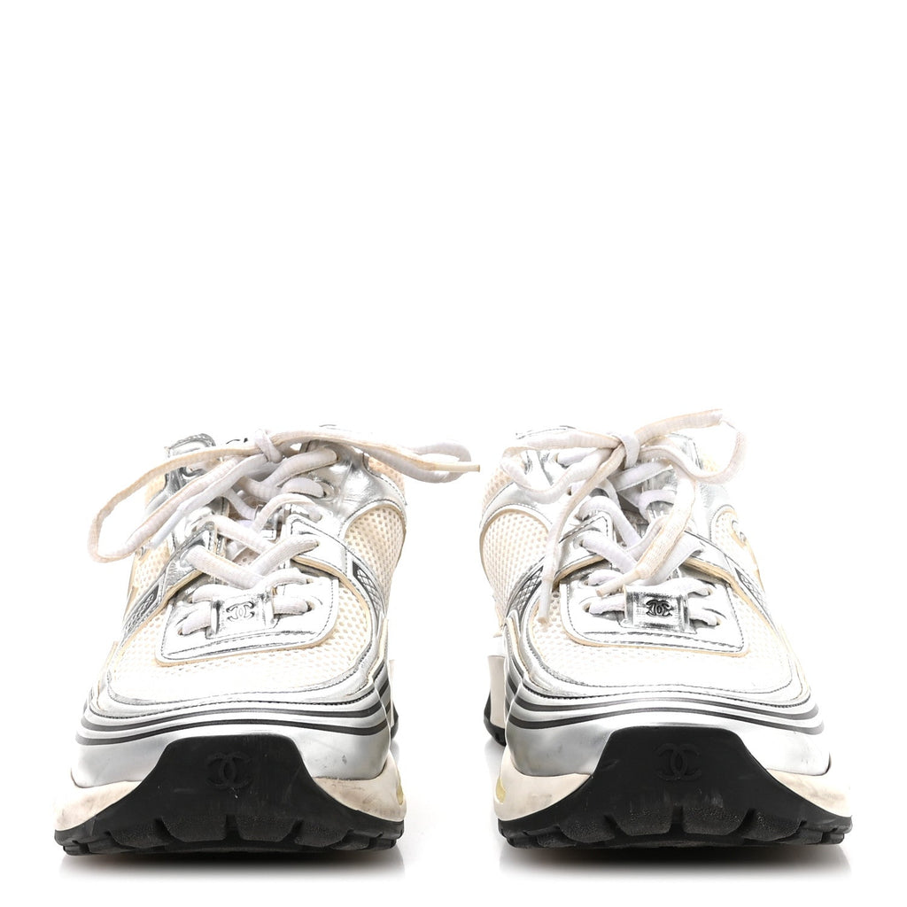 Fabric Laminated Calfskin Stretch CC Sneakers 38.5 White Silver
