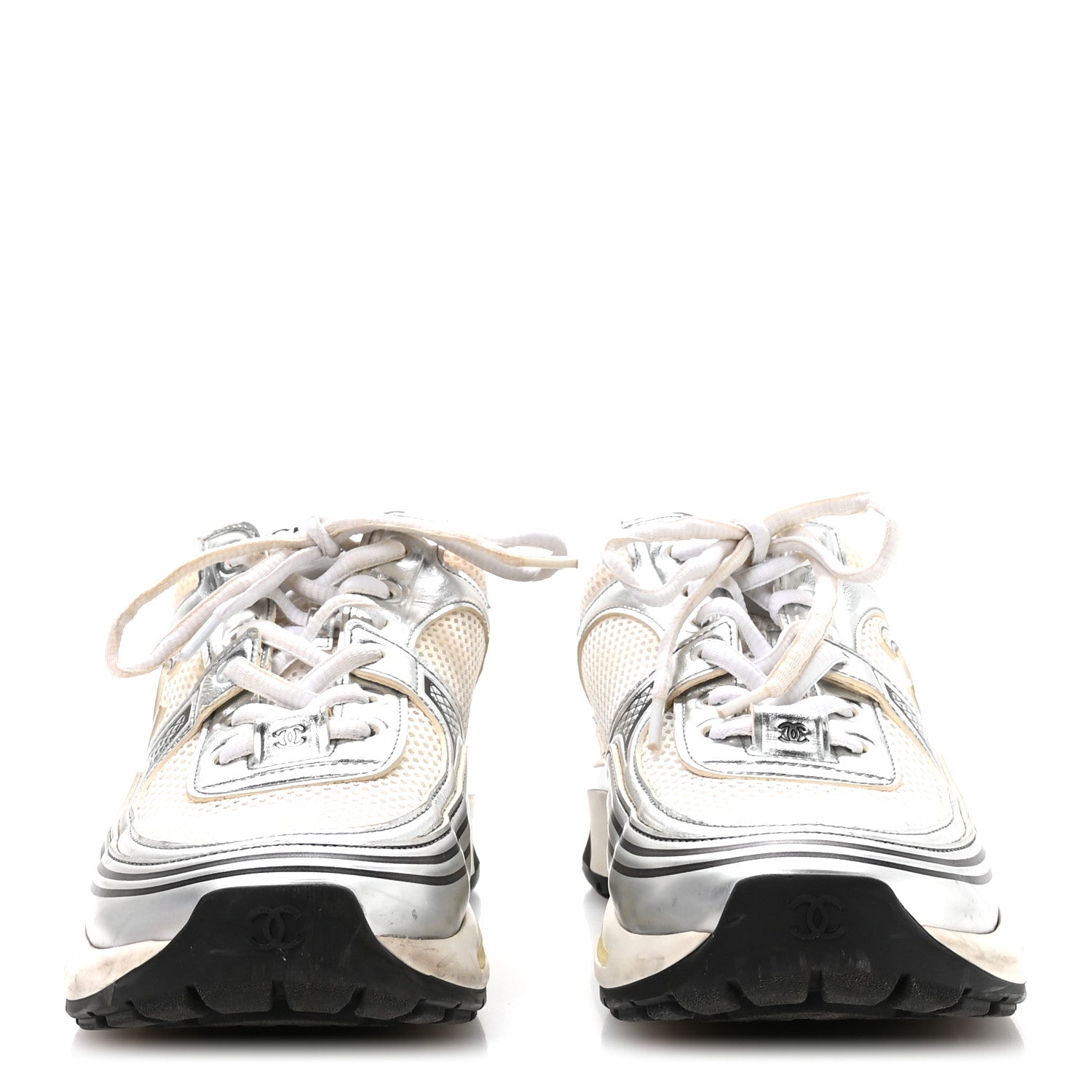 Fabric Laminated Calfskin Stretch CC Sneakers 38.5 White Silver