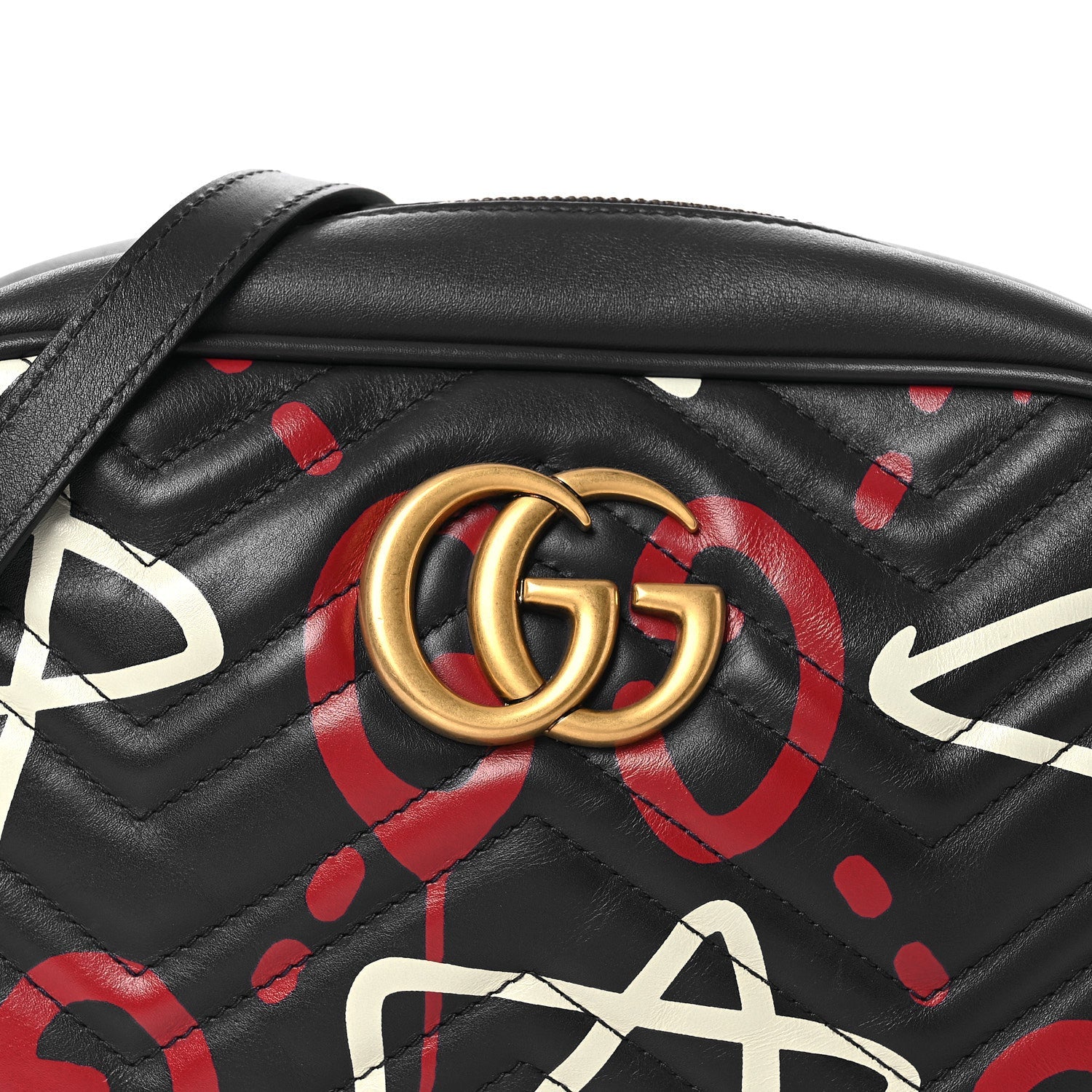 Gucci Calfskin Matelasse GucciGhost Small GG Marmont Chain Shoulder Bag  Black Hibiscus Red