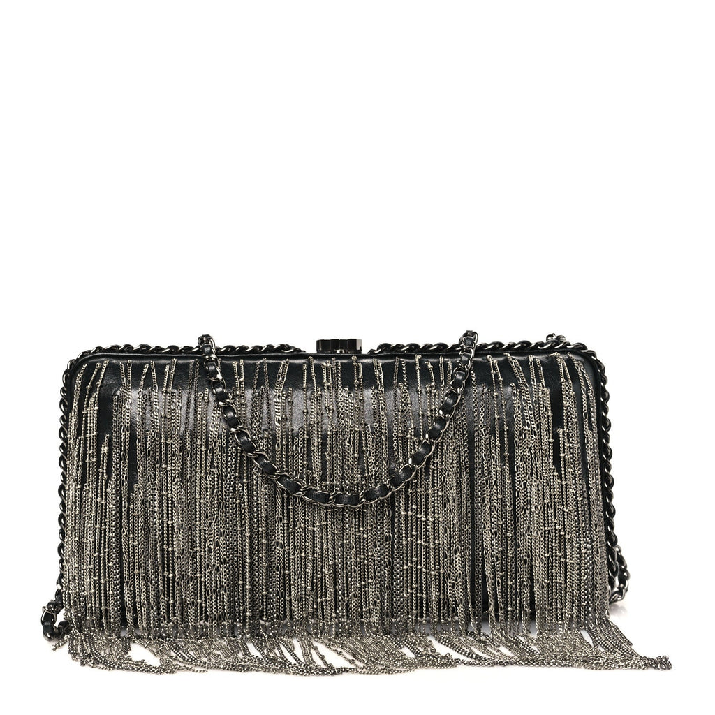 Chanel Lambskin Chain Fringe Clutch With Chain  Black