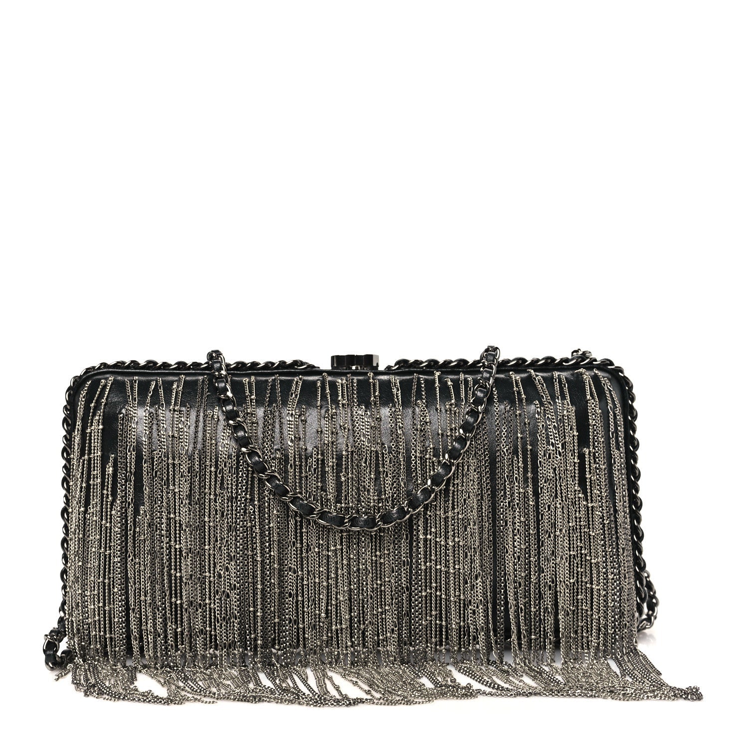 Chanel Lambskin Chain Fringe Clutch With Chain  Black