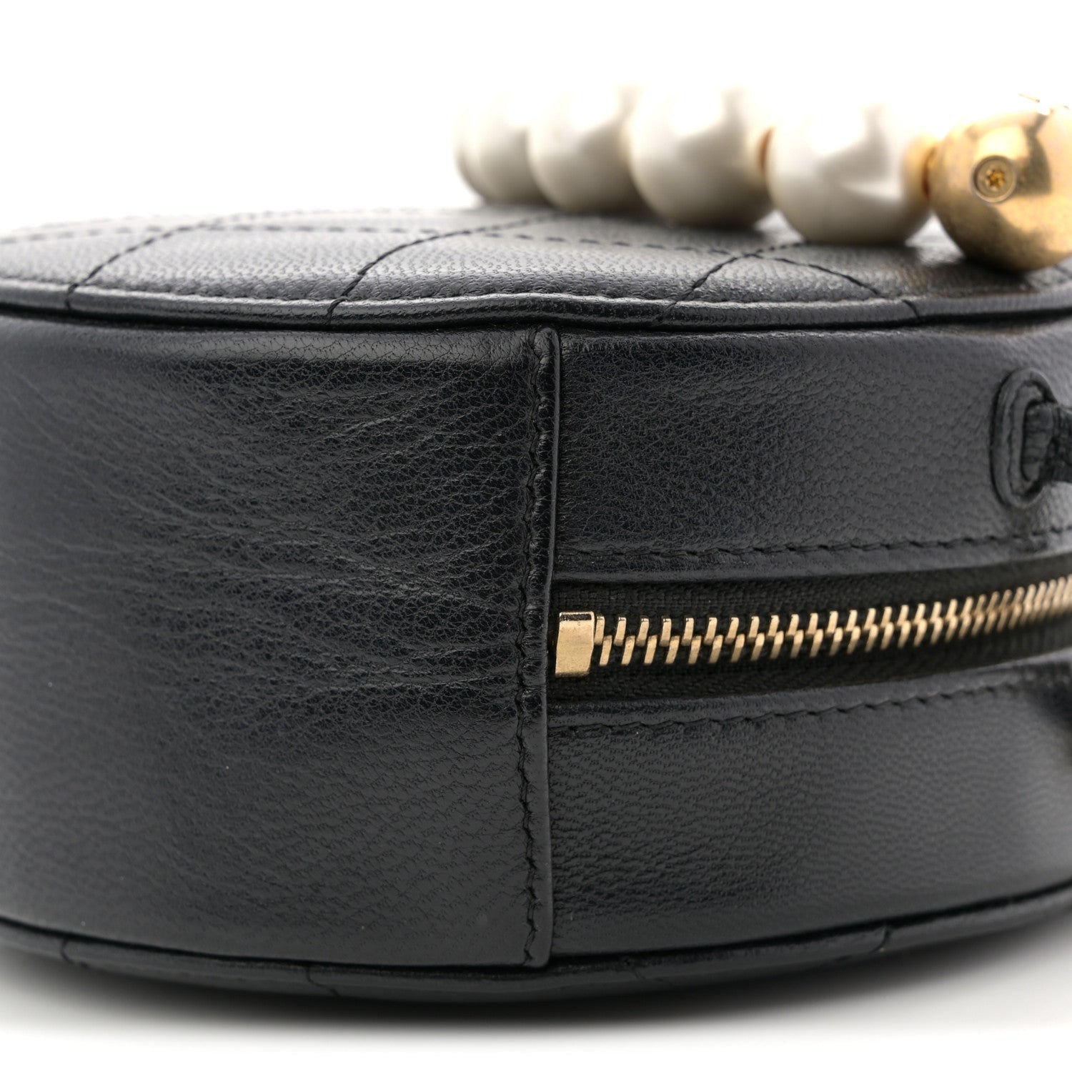 Chanel Goatskin Quilted Chic Pearls Chain Round Clutch With Chain Black