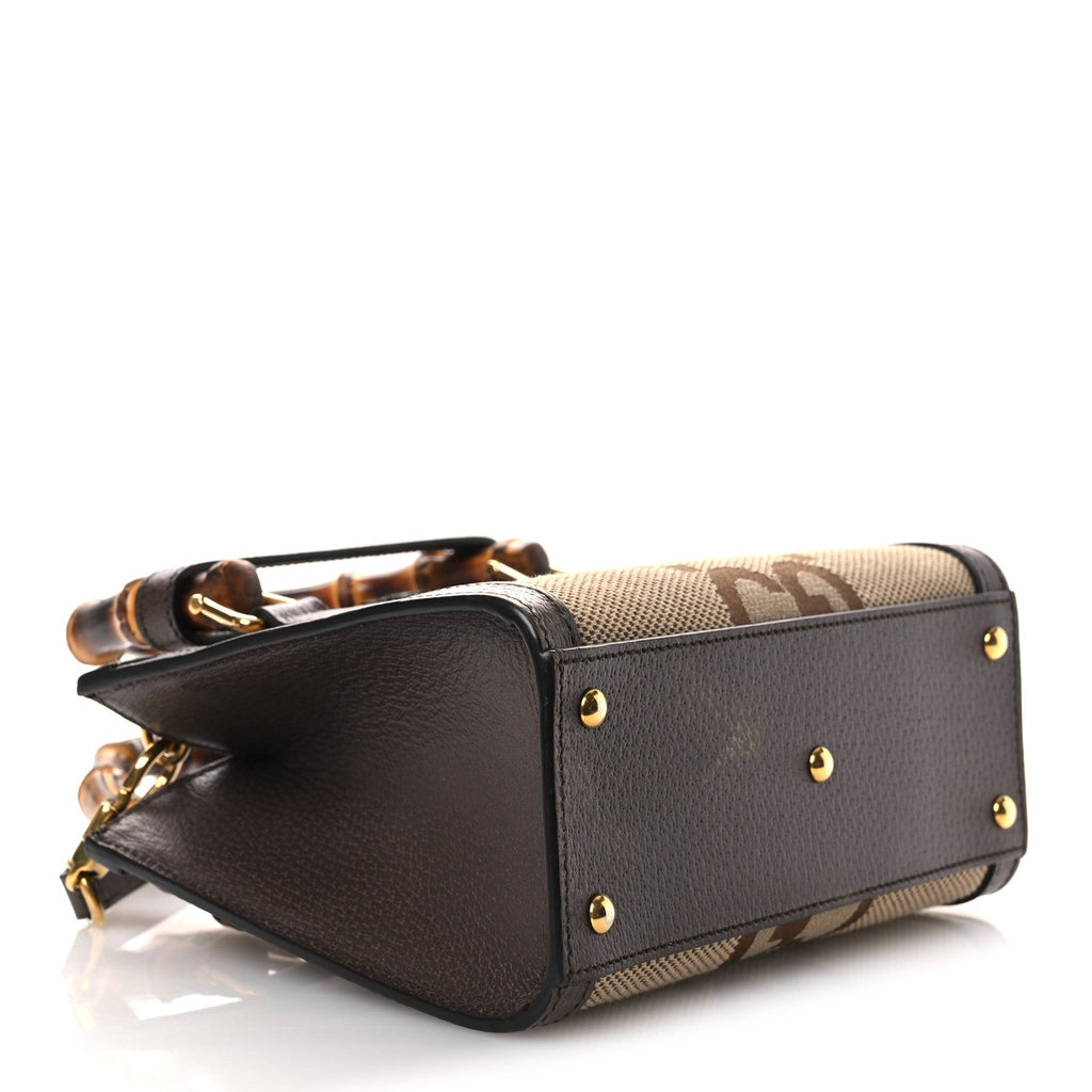 Gucci Monogram Jumbo GG Textured Dollar Calfskin Mini Diana Tote Bag Camel Ebony New Acero